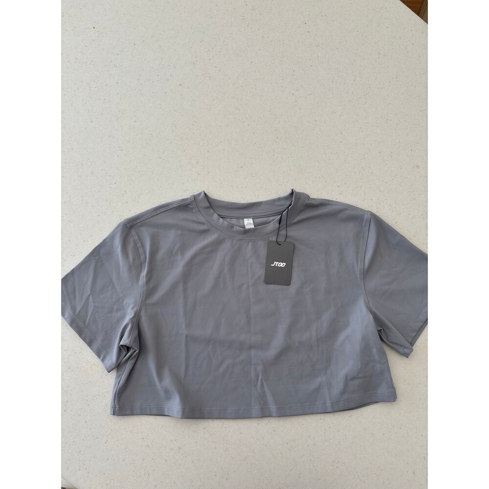 JTOO Gray Athletic Crop Top Women’s Small Short Sleeve Stretch Activewear NWT - Picture 8 of 9
